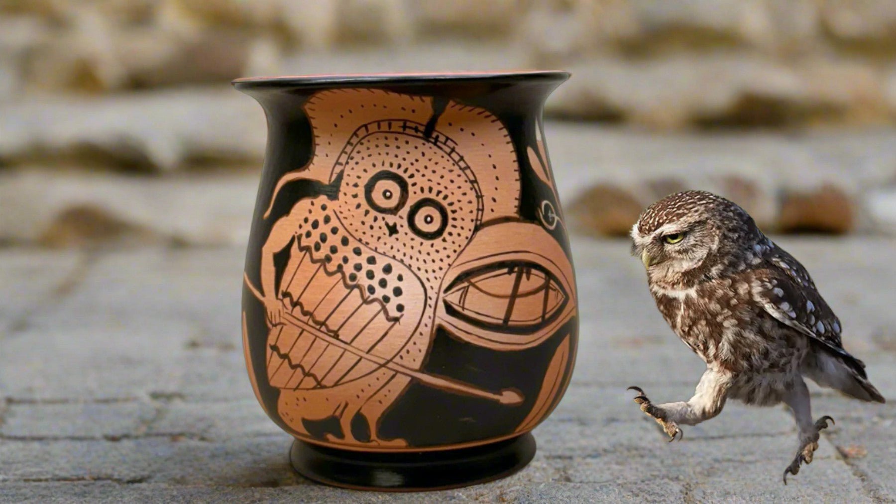 red figure mug depicting an owl the symbol of wisdom in ancient Athens