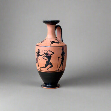 Ancient Greek vase with black figures on a beige background Theseus and Minotaur