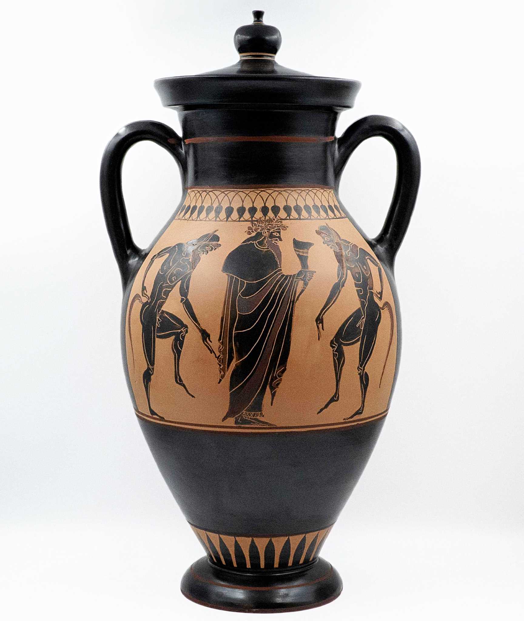 Black Figure Dionysus Amphora with lid