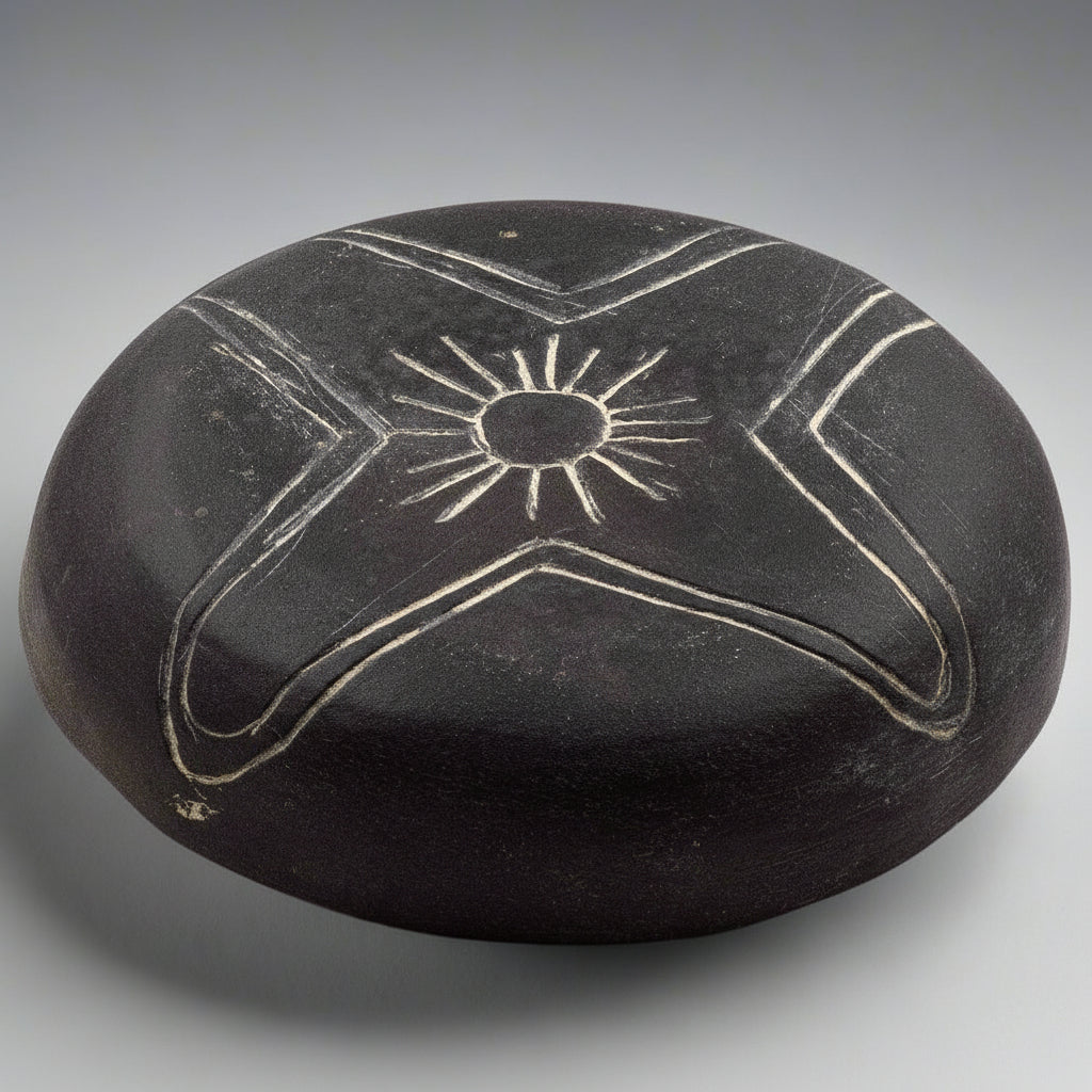 Black ceramic bowl with white geometric patterns on a gray background
