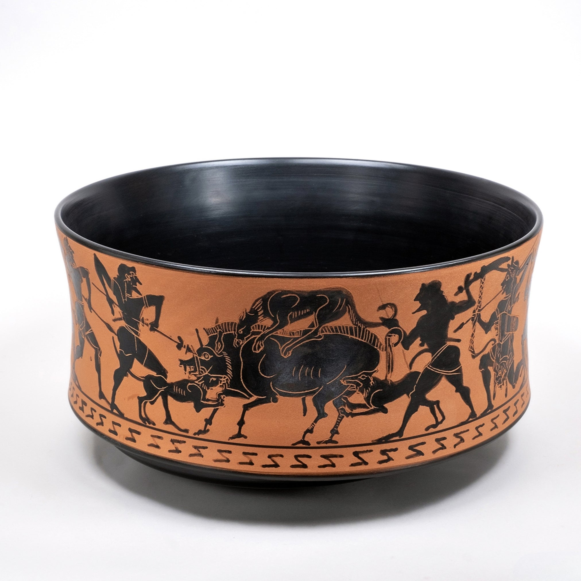A black-figure shallow bowl with a Calydonian Boar Hunting Scene, inspired by ancient Greek vases.