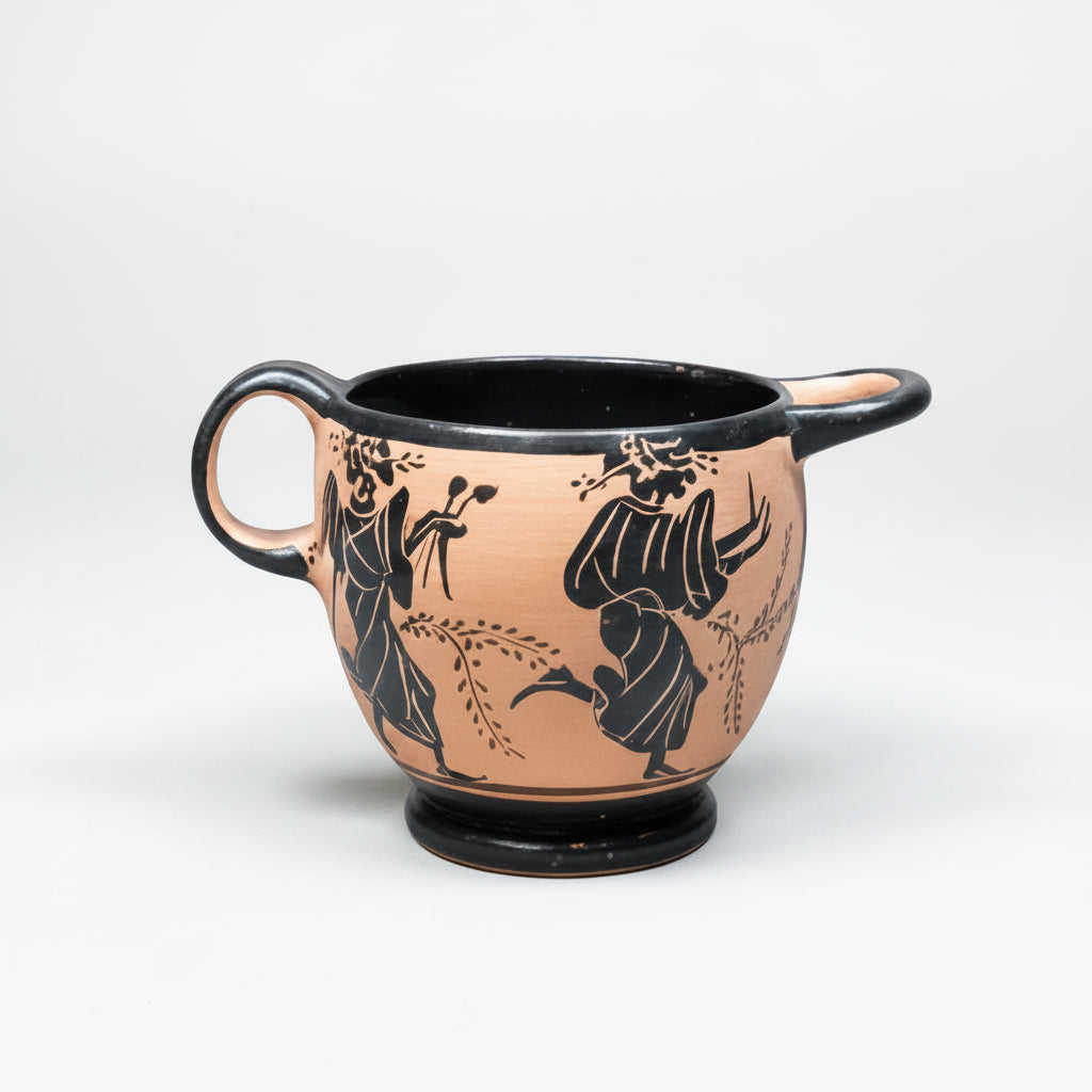 Ceramic cup with black floral and leaf designs on a white background