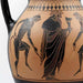 This image features a sophisticated Black Figure Dionysus Amphora with a lid, exquisitely crafted in the style of an Attic terracotta amphora type B from the 6th century B.C.