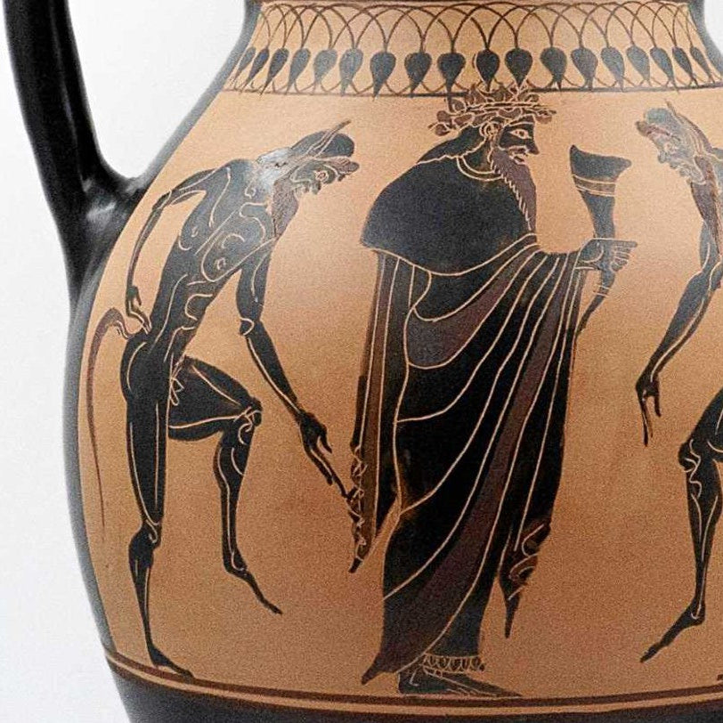 This image features a sophisticated Black Figure Dionysus Amphora with a lid, exquisitely crafted in the style of an Attic terracotta amphora type B from the 6th century B.C.