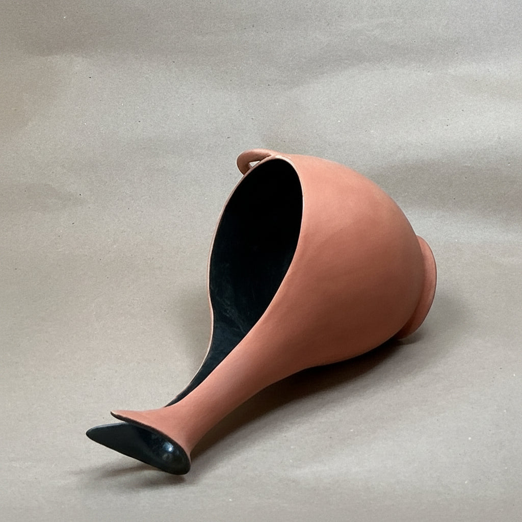 Ceramic pitcher on a beige surface with a neutral background