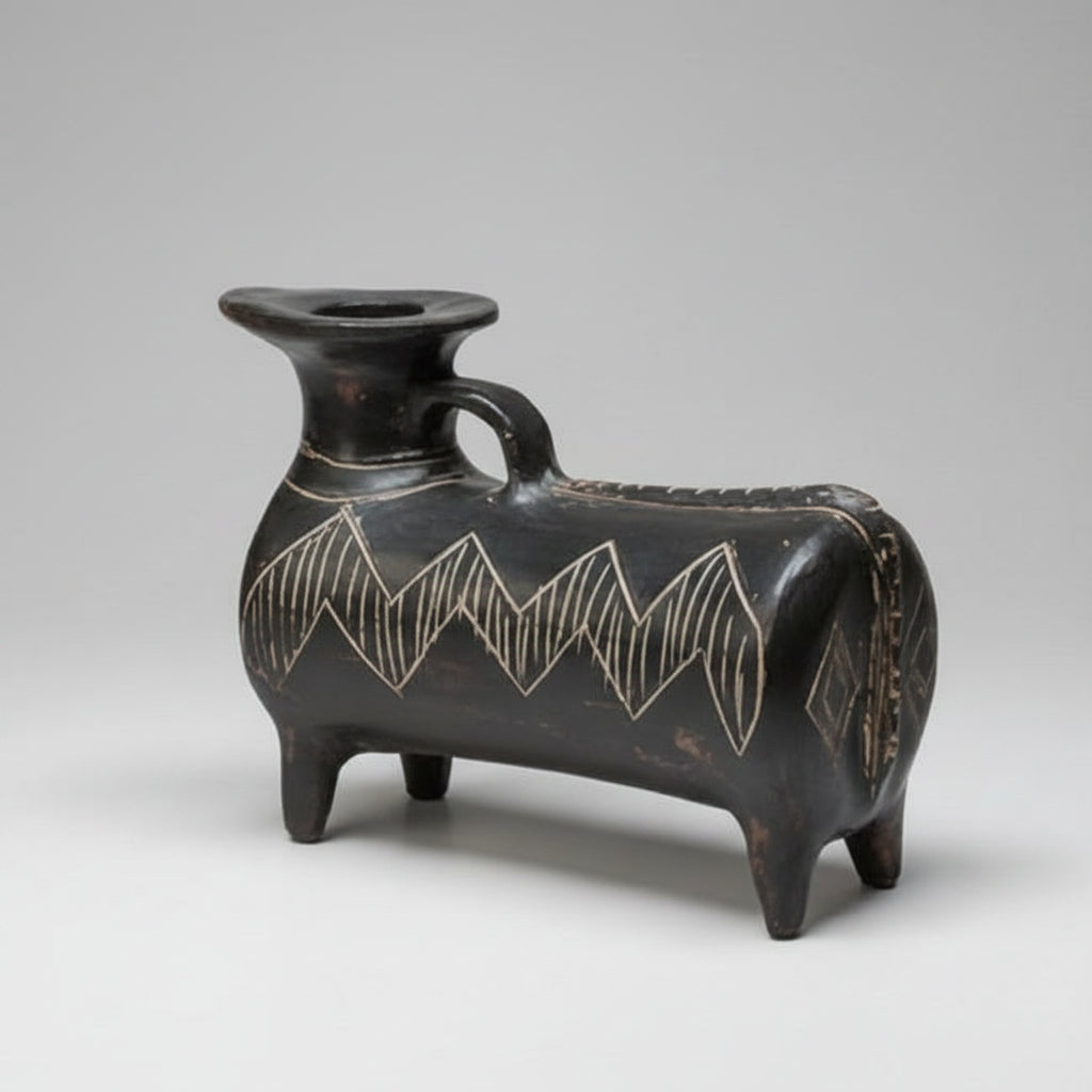 Black ceramic vase with geometric patterns on a gray background