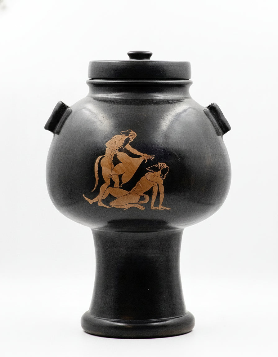 A black ceramic psykter with red-figure decoration depicting satyrs, a rounded body with a foot, and a short neck.