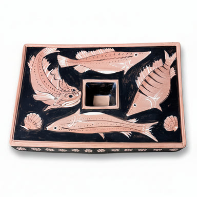 Hand painted plate with fish motifs, rectangular, rare shape 