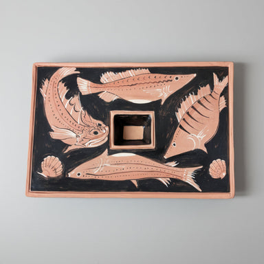 Hand painted plate with fish motifs, rectangular, rare shape 