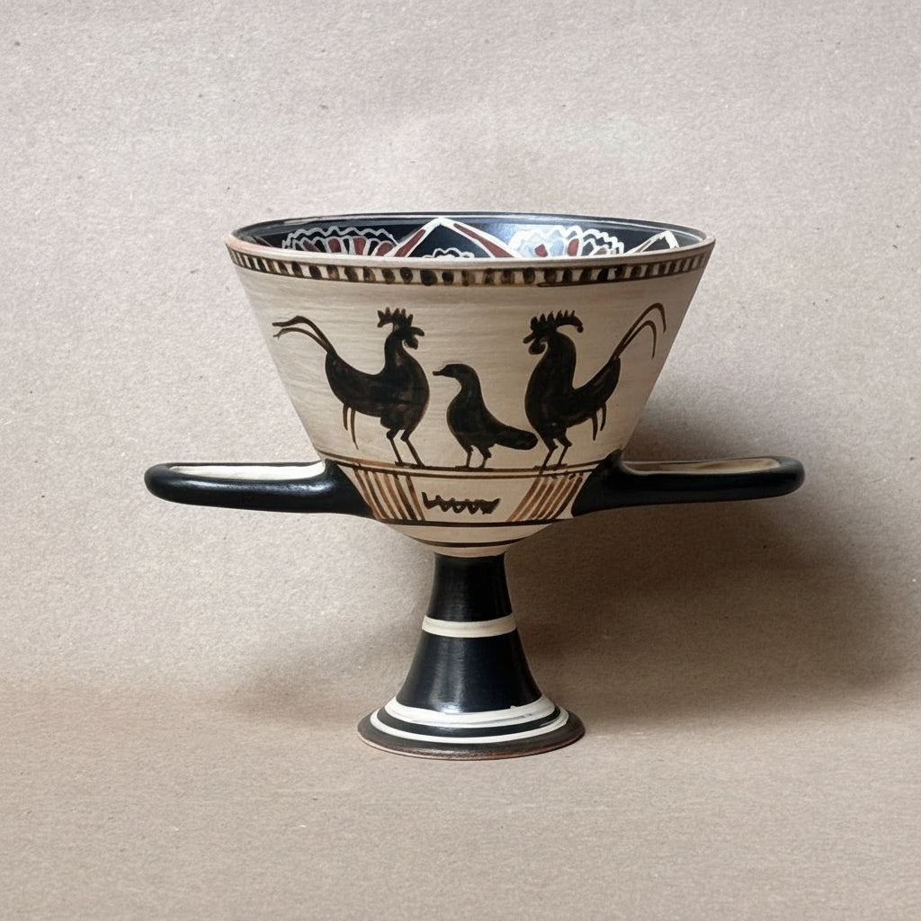 Ceramic cup with handles and rooster design on a beige background