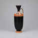 A black ceramic vase with a conical stopper, a side handle, and terracotta-colored decorative bands near the neck and base, photographed against a neutral textured beige backdrop.