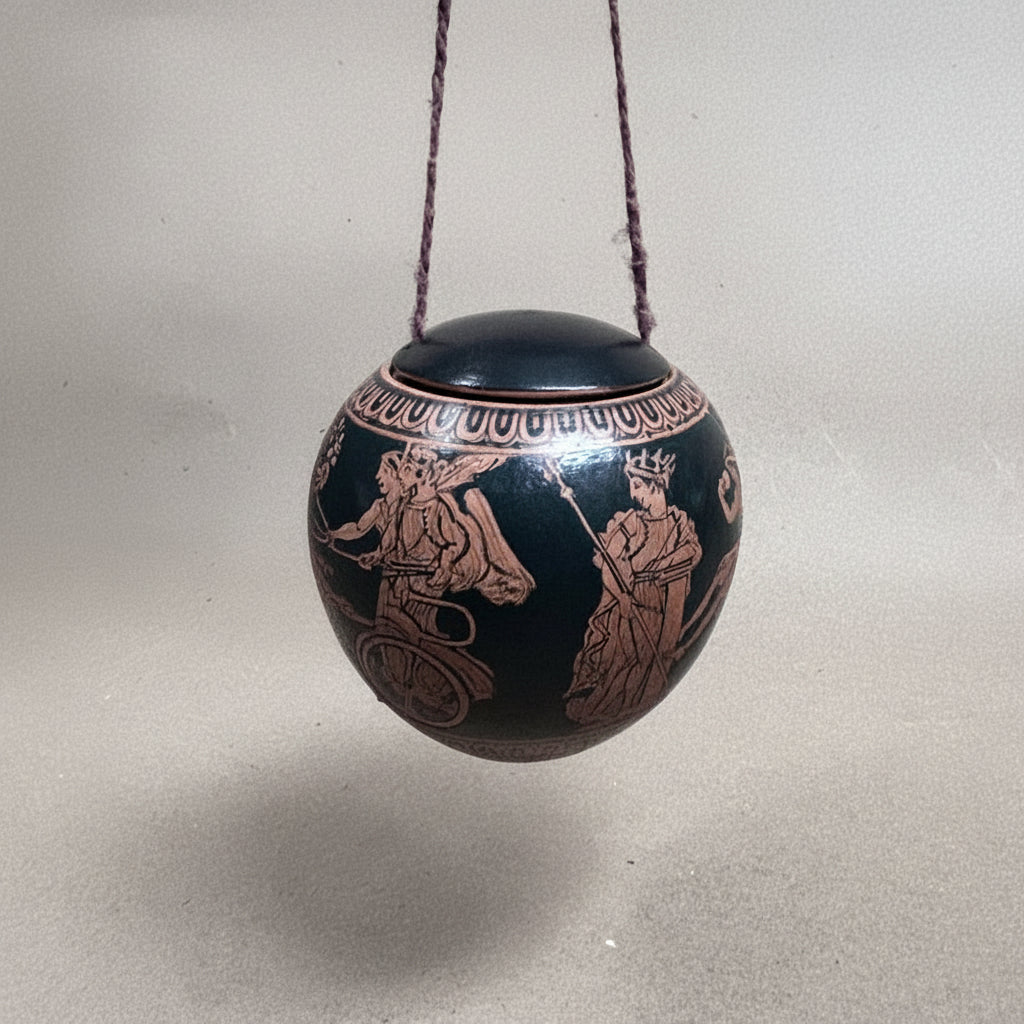 Decorative black hanging egg shaped ceramic trinket box with refigure decoration 