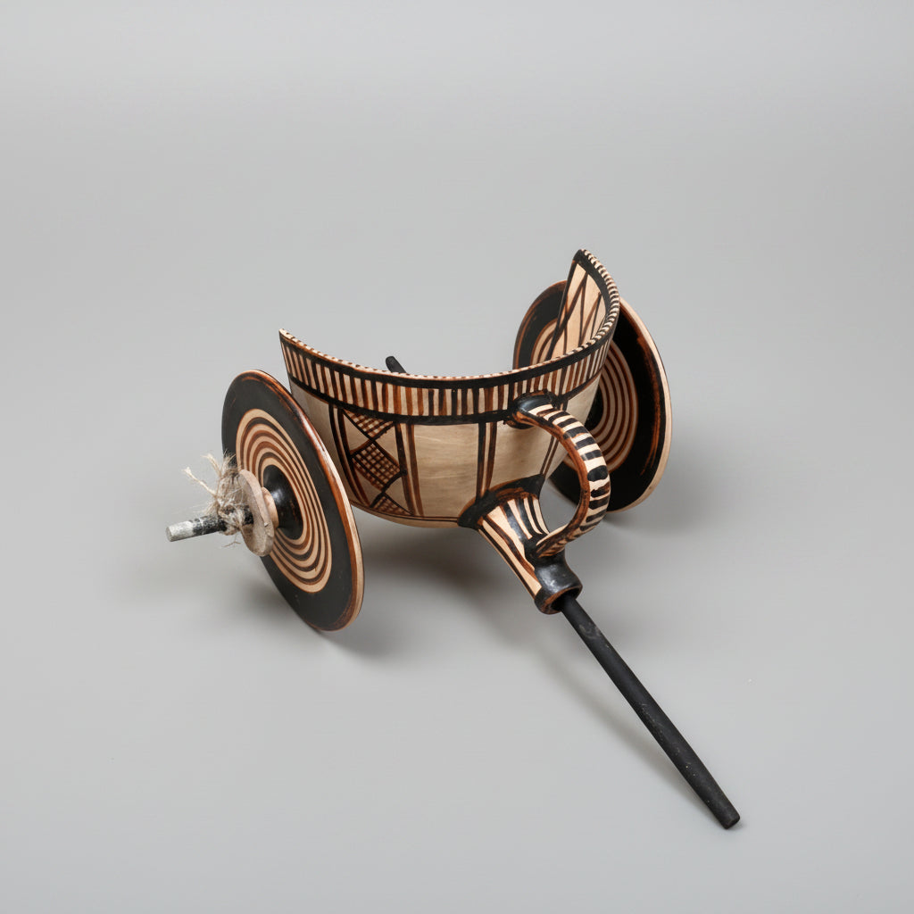 Ceramic two-wheeled toy chariot with geometric design 