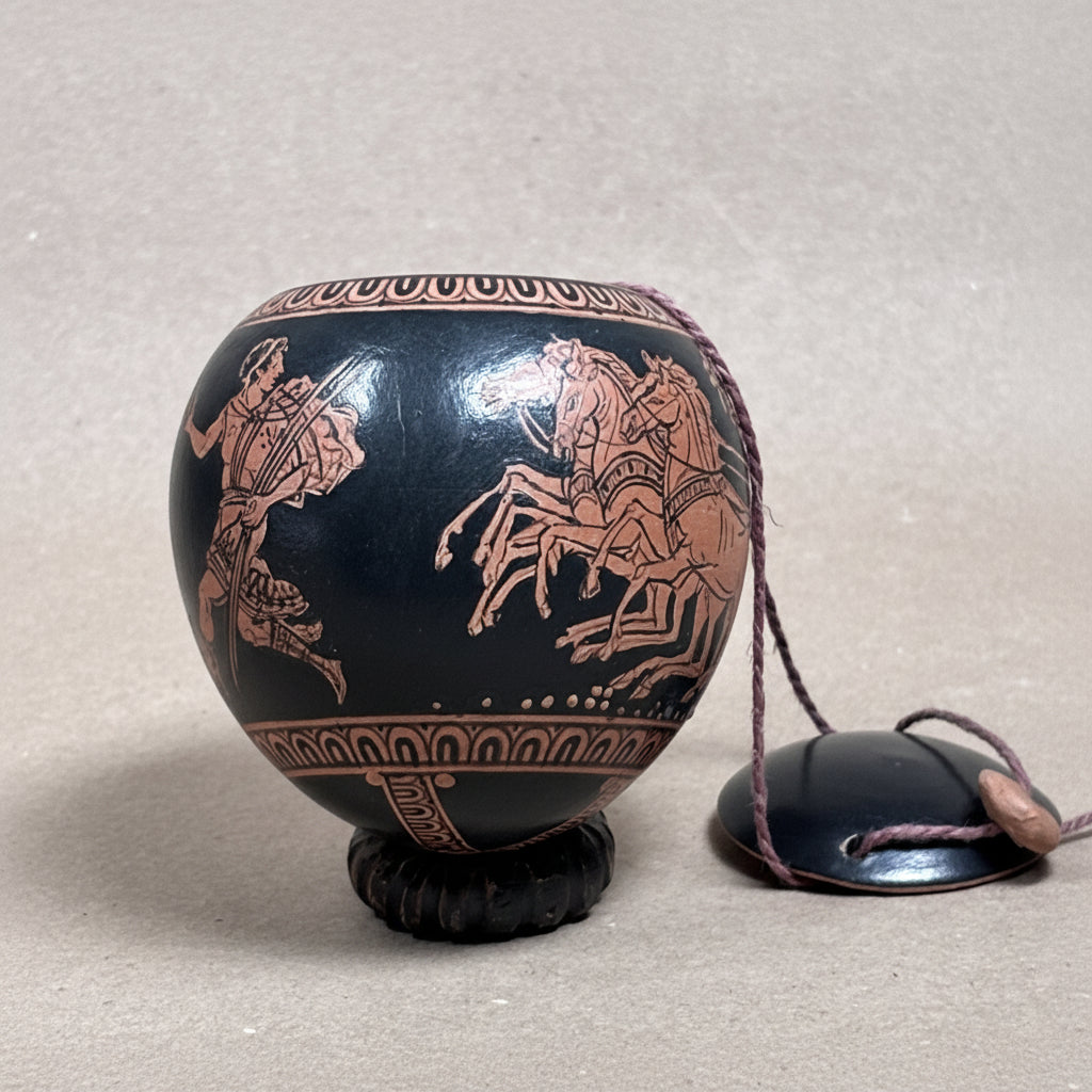 Decorative gourd with horse designs on a beige background
