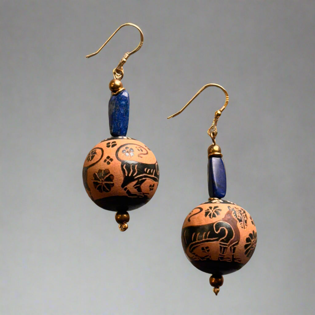 Black Figure Bead and lapis earrings