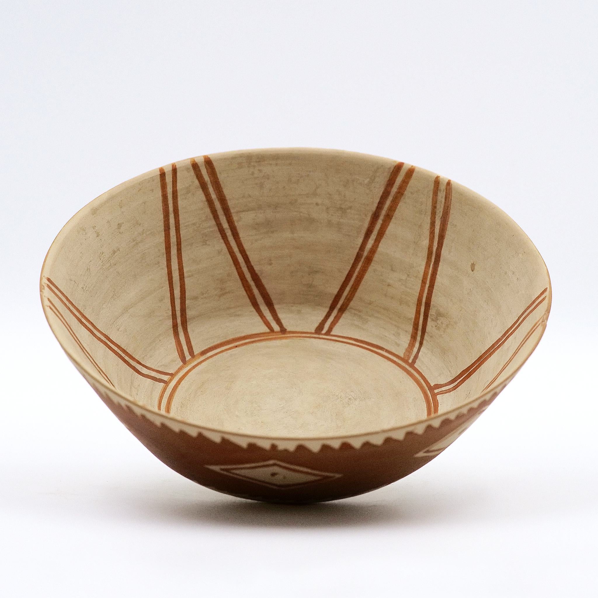 Hand-built ceramic bowl with band flame decoration on a white background