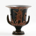 A black and red figure Maenad calyx krater with decorative patterns and a youthful maenad figure depicted on the side.