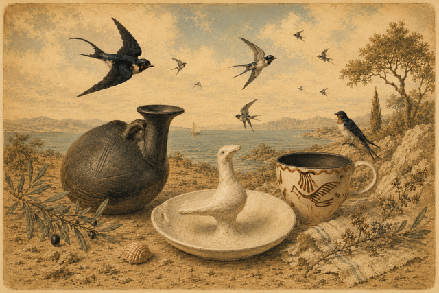 Vintage-style illustration of birds, a duck vase, a bird shaped plate and a teacup in a natural setting with trees at the seashore.