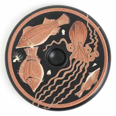 Decorative plate with fish and squid design on a black background