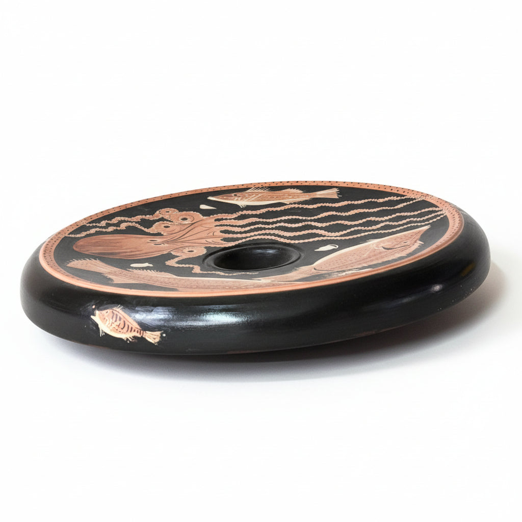 Decorative black and copper circular object with artistic design on a white background