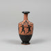 Vase with black and red designs on a gray background