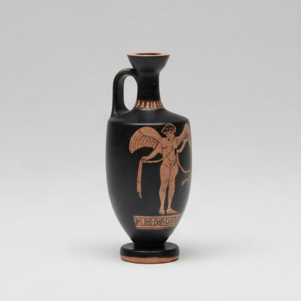 Black ceramic vase with red-figure decoration on a white background