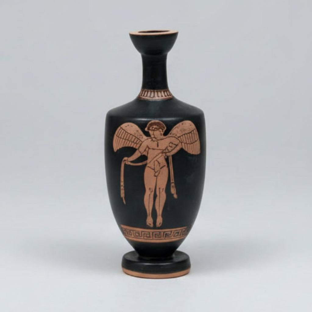 Black vase with red decorative figure on a gray background