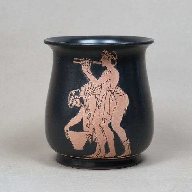 Black glazed mug with red-figure classical Greek scene on a terracotta background