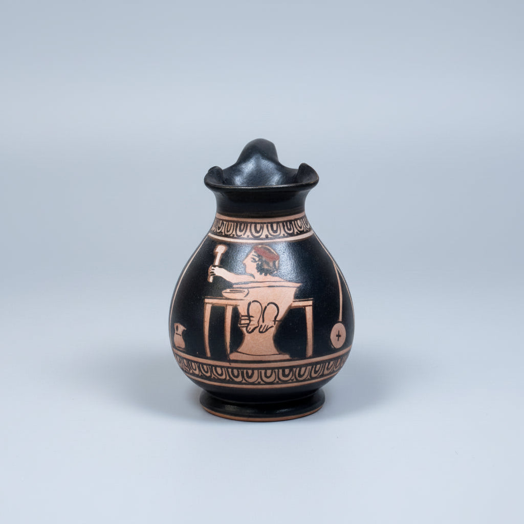 Ceramic vase with decorative design on a light gray background