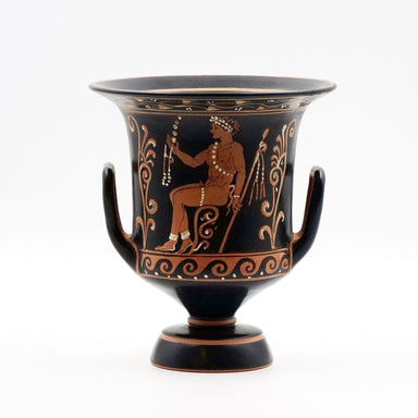 A black and red decorated wheel-thrown ceramic vase with a design of a satyr and a youth