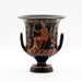 A black and red decorated wheel-thrown ceramic vase with a design of a satyr and a youth