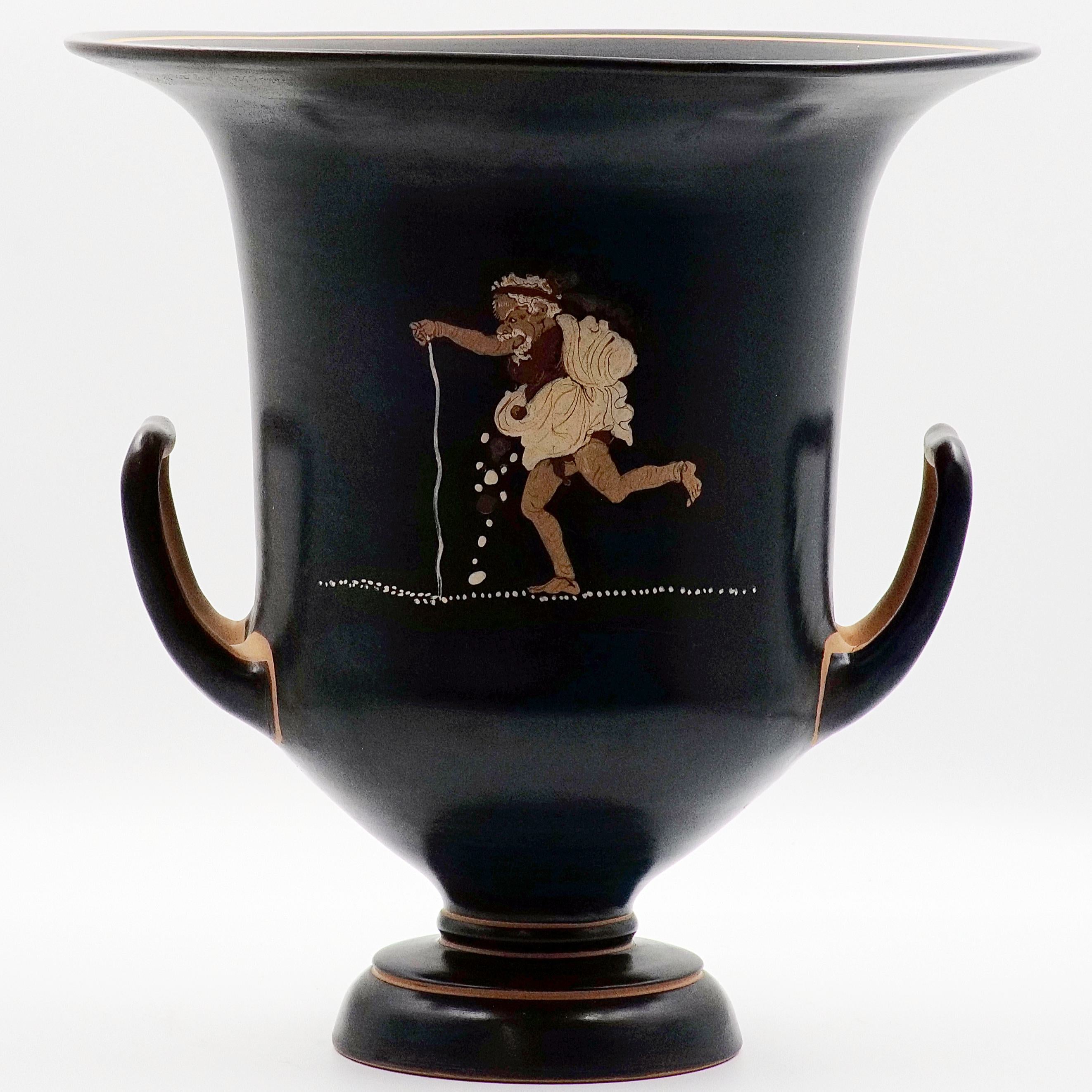 A black-glazed ceramic krater with a comic actor depicted running with cakes and fruits spilling from his cloak, and a woman standing in a near frontal pose to the left.
