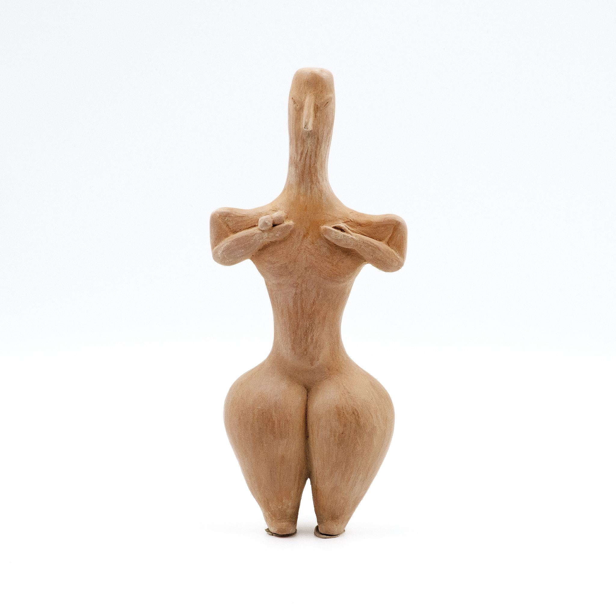 A clay figurine with a bird-like head and human body, representing a prehistoric handmade idol.