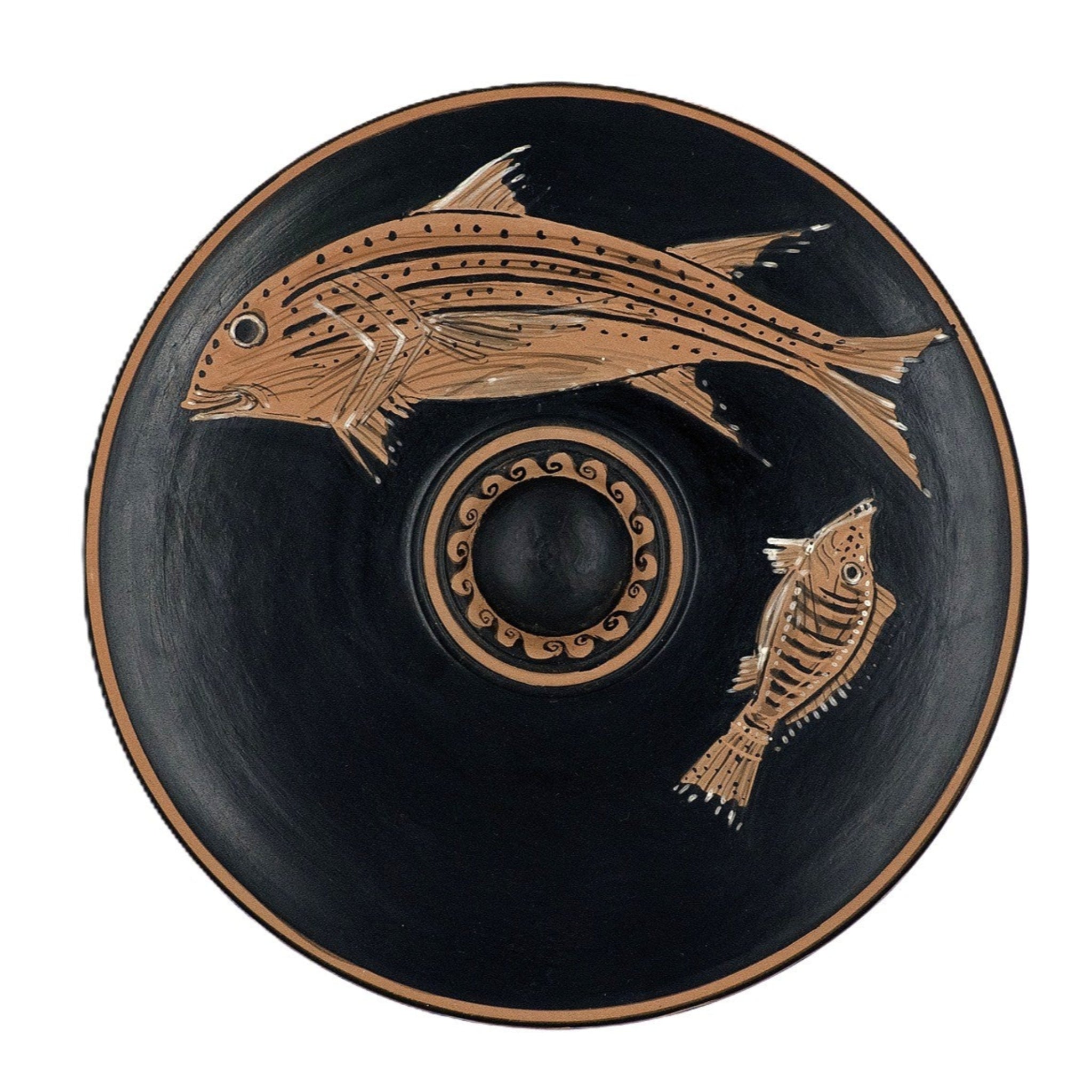 This image features the Thetis Red-Figure Minimalist Fish Plate, a contemporary interpretation of ancient South Italian fish plates. Crafted in 2005 to commemorate the opening of the Getty Villa in Malibu, this plate showcases a sleek, minimalist design with a striking black background.