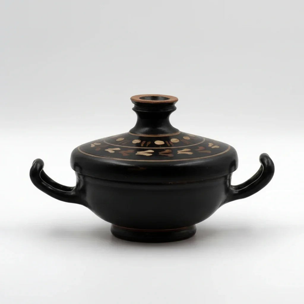 An ancient black glazed pottery vessel with two handles and a decorated lid, featuring gold cloud patterns.