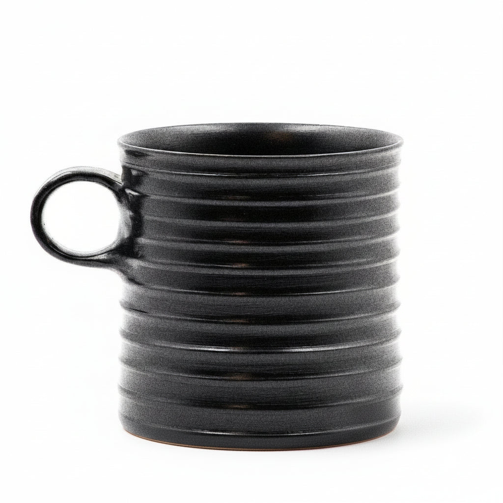 Black Glazed cylindrical ribbed mug