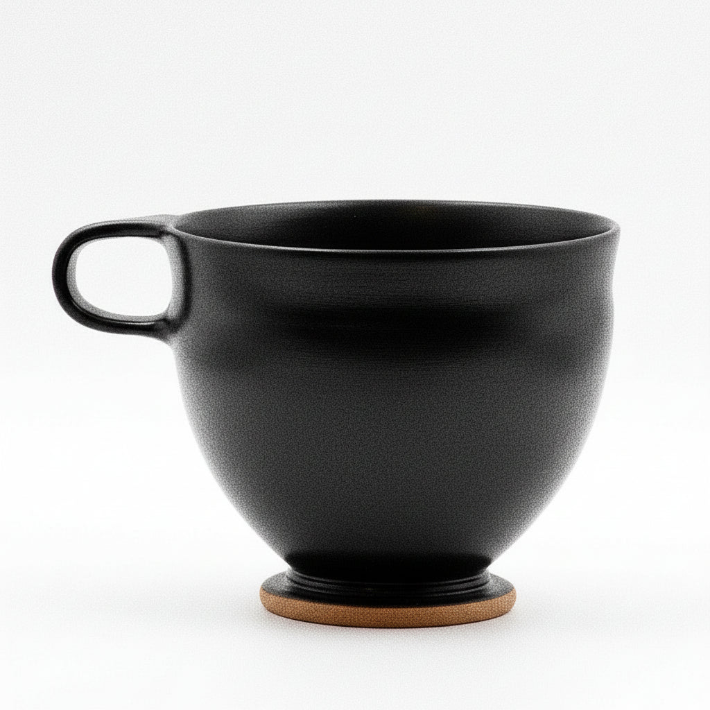 A black glazed ceramic bowl with a handle.