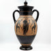 Black and brown decorative vase with ancient Greek figures on a white background