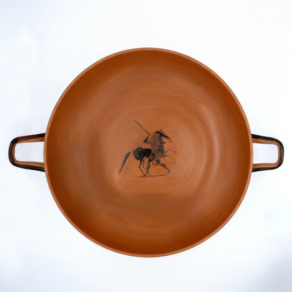 Handmade ceramic bowl with black ancient Greek warrior painting and two side handles