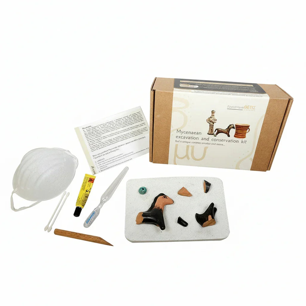 Mycenaean excavation and conservation kit with ceramic fragments, mask, tools, and instructions