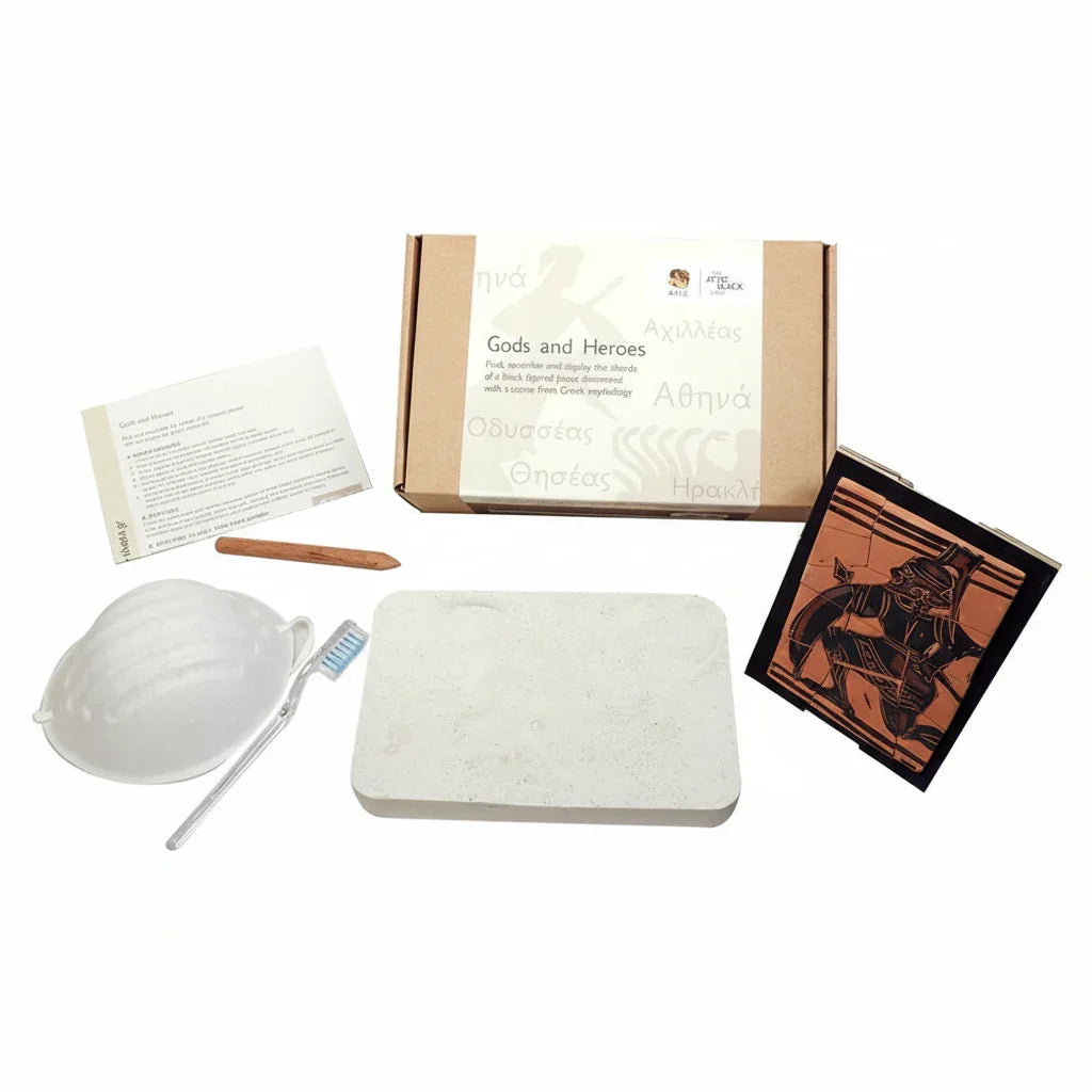 Greek mythology excavation kit with tools, instructions, and black-figure hero plaque