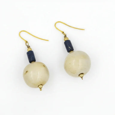 A pair of glazed bead and lapis drop earrings with gold-colored clasps on a white background.