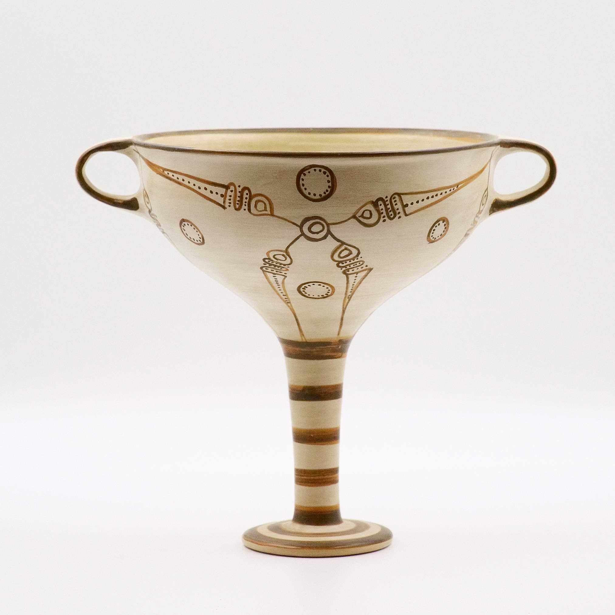 A ceramic Mycenaean Kylix drinking cup with a geometric pattern, featuring stylized murex sea shells, with a beige background and brown stripes and handles.