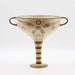 A ceramic Mycenaean Kylix drinking cup with a geometric pattern, featuring stylized murex sea shells, with a beige background and brown stripes and handles.