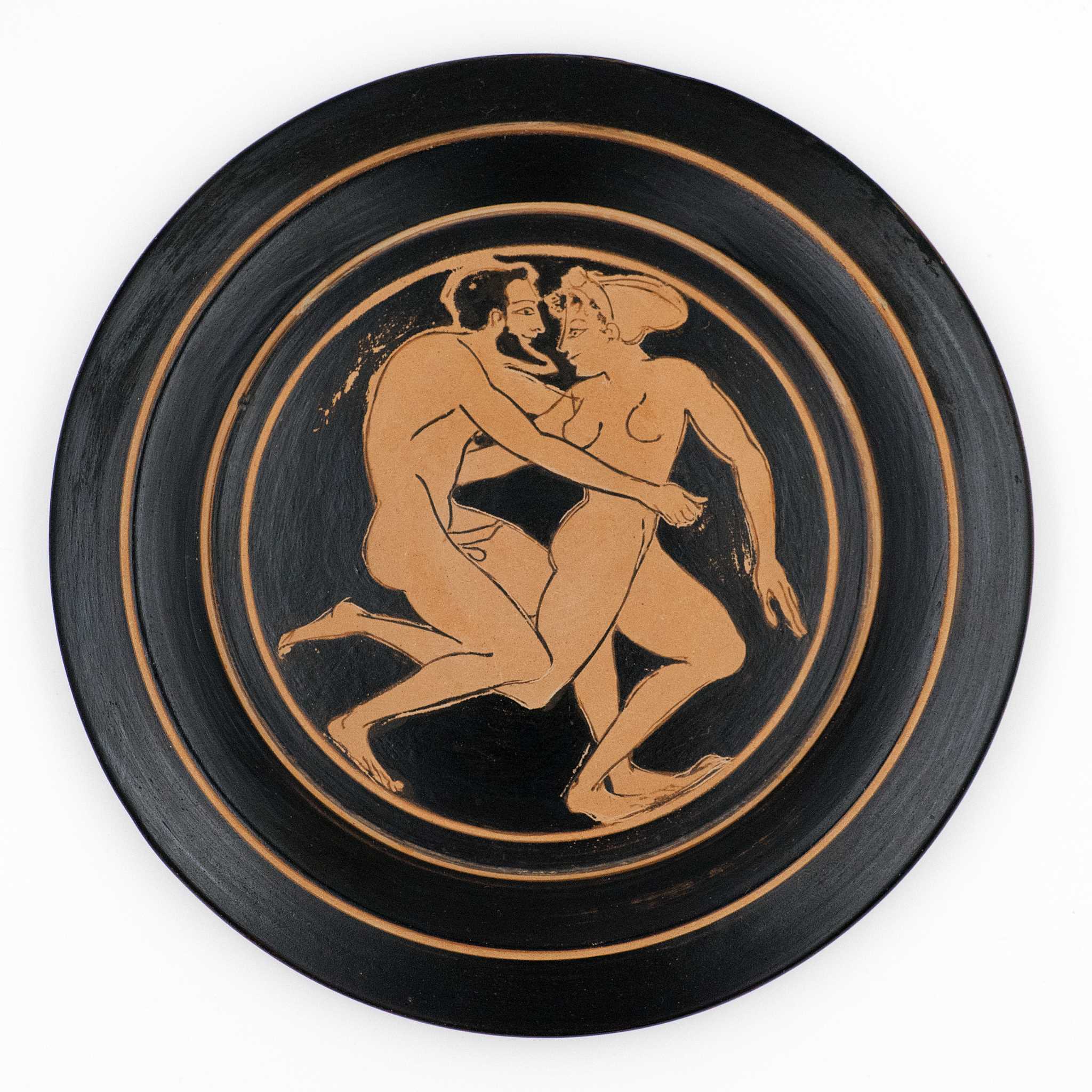 'Pursues in love' - Red Figure plate with couple painted on black