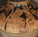 A decorated ceramic vase depicting a scene from the Sack of Troy, with figures such as Aeneas and Cassandra.
