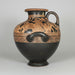 Black and brown decorative vase with ancient Greek scenes on a gray background