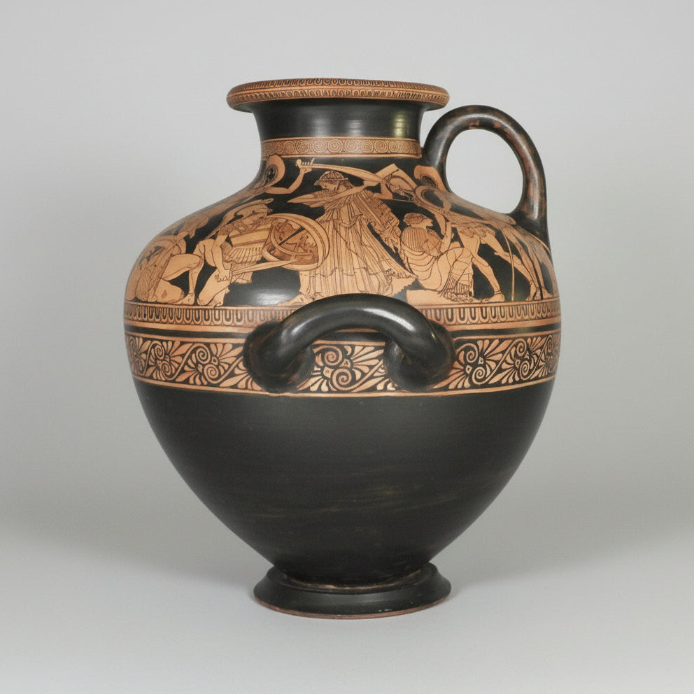 Black and brown decorative vase with ancient Greek scenes on a gray background