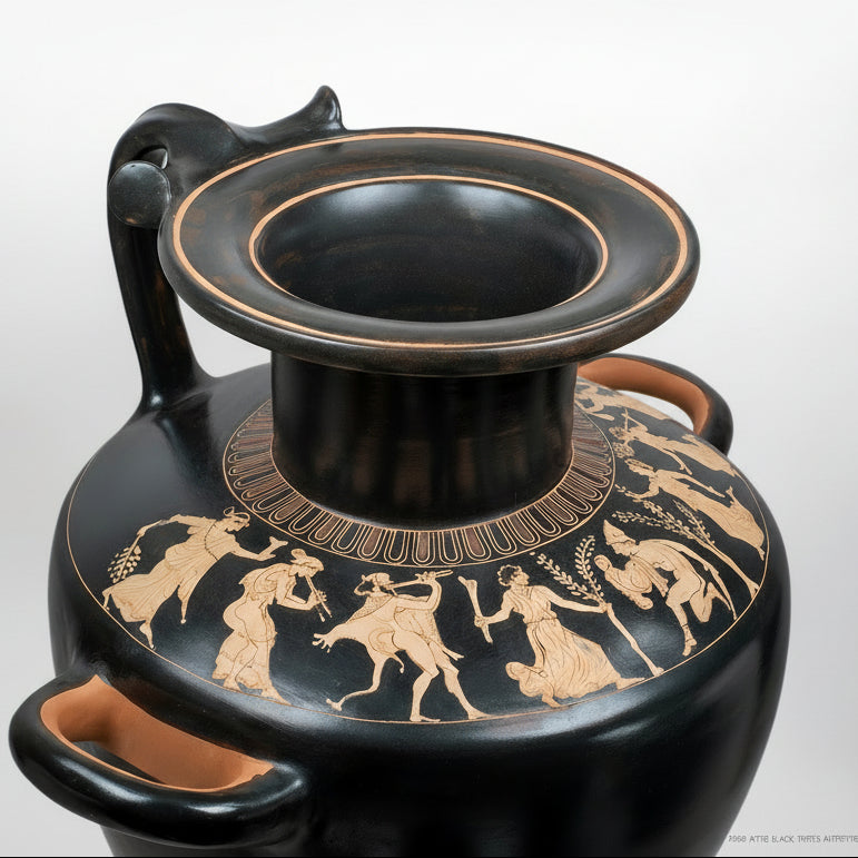 Black ceramic vase with gold decorative figures on a white background