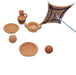 A collection of small, ancient-style ceramic toys including a moorhen figurine, miniature vases, plates, and marbles.